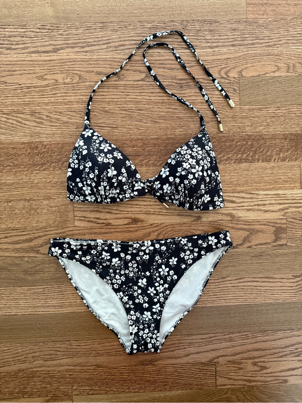 H&M Black White Floral 2-Piece Bikini Set Halter Swim Size S